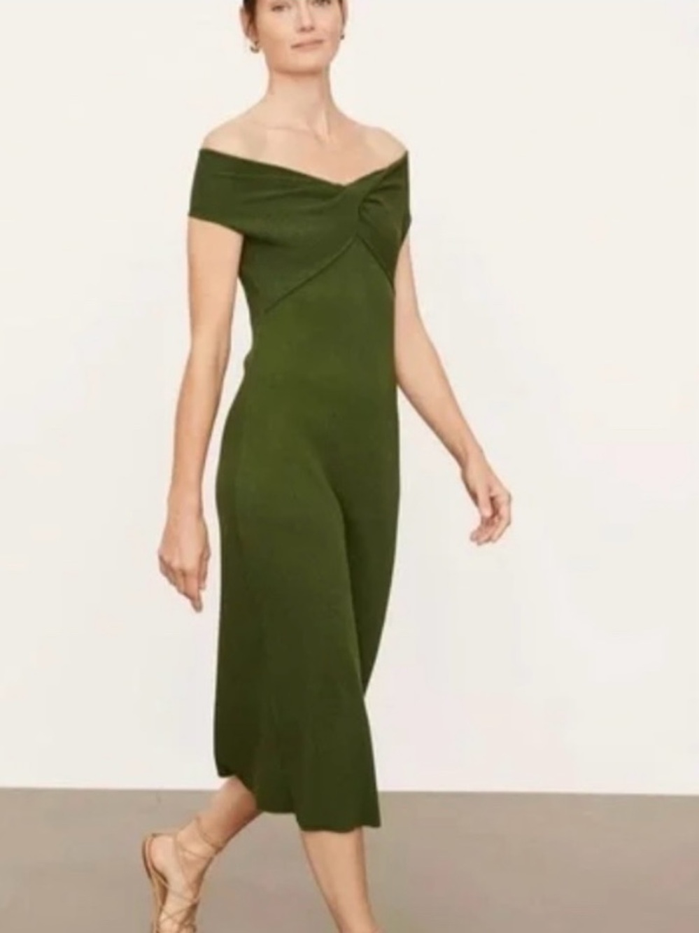 Vince Ribbed Twist-Front Midi Dress Off Shoulder - size small - Olive